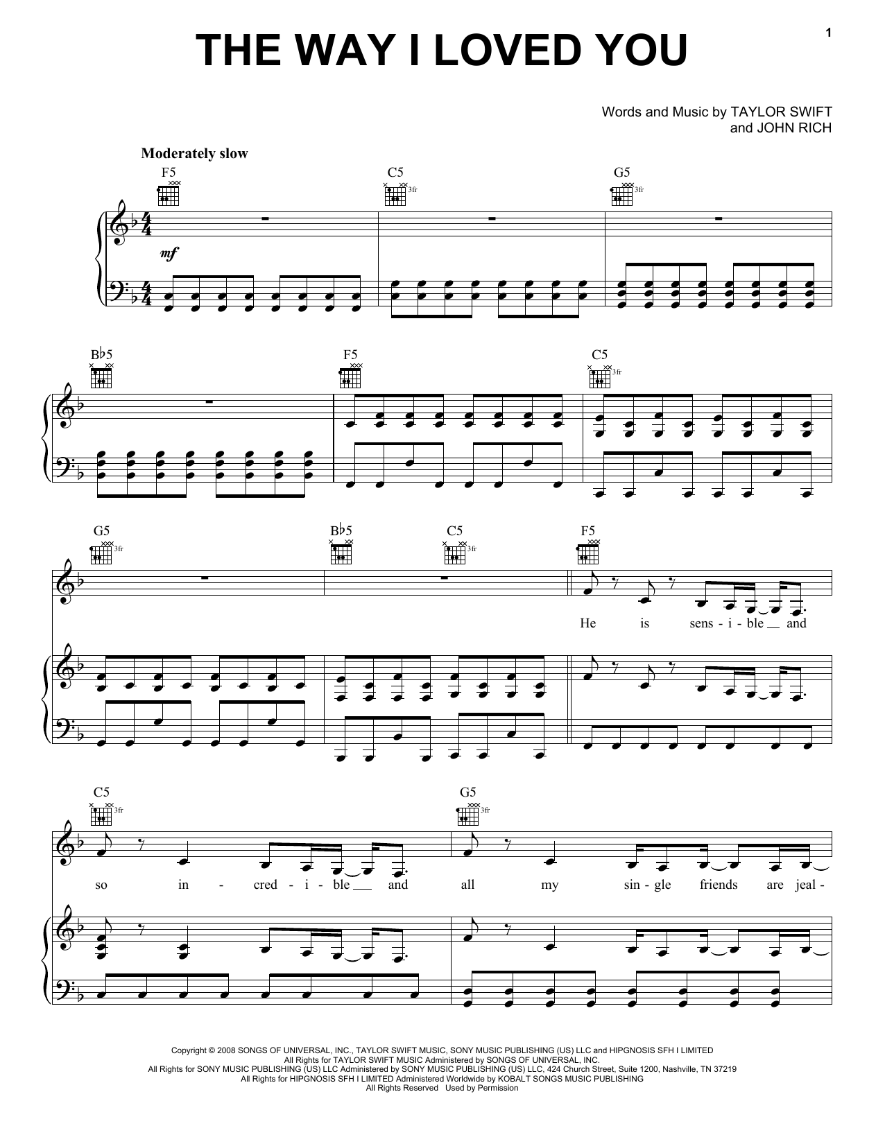 Taylor Swift The Way I Loved You sheet music notes and chords arranged for Piano, Vocal & Guitar Chords