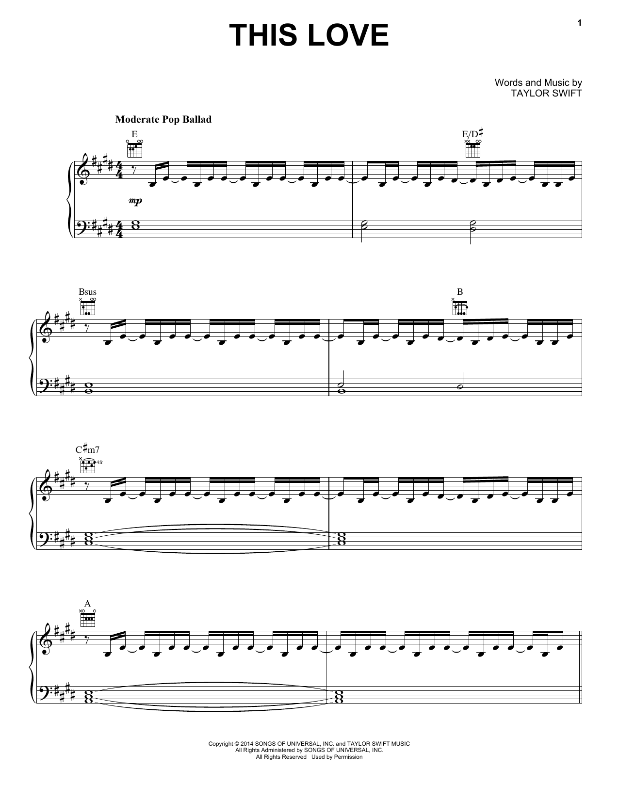 Taylor Swift This Love sheet music notes and chords arranged for Big Note Piano