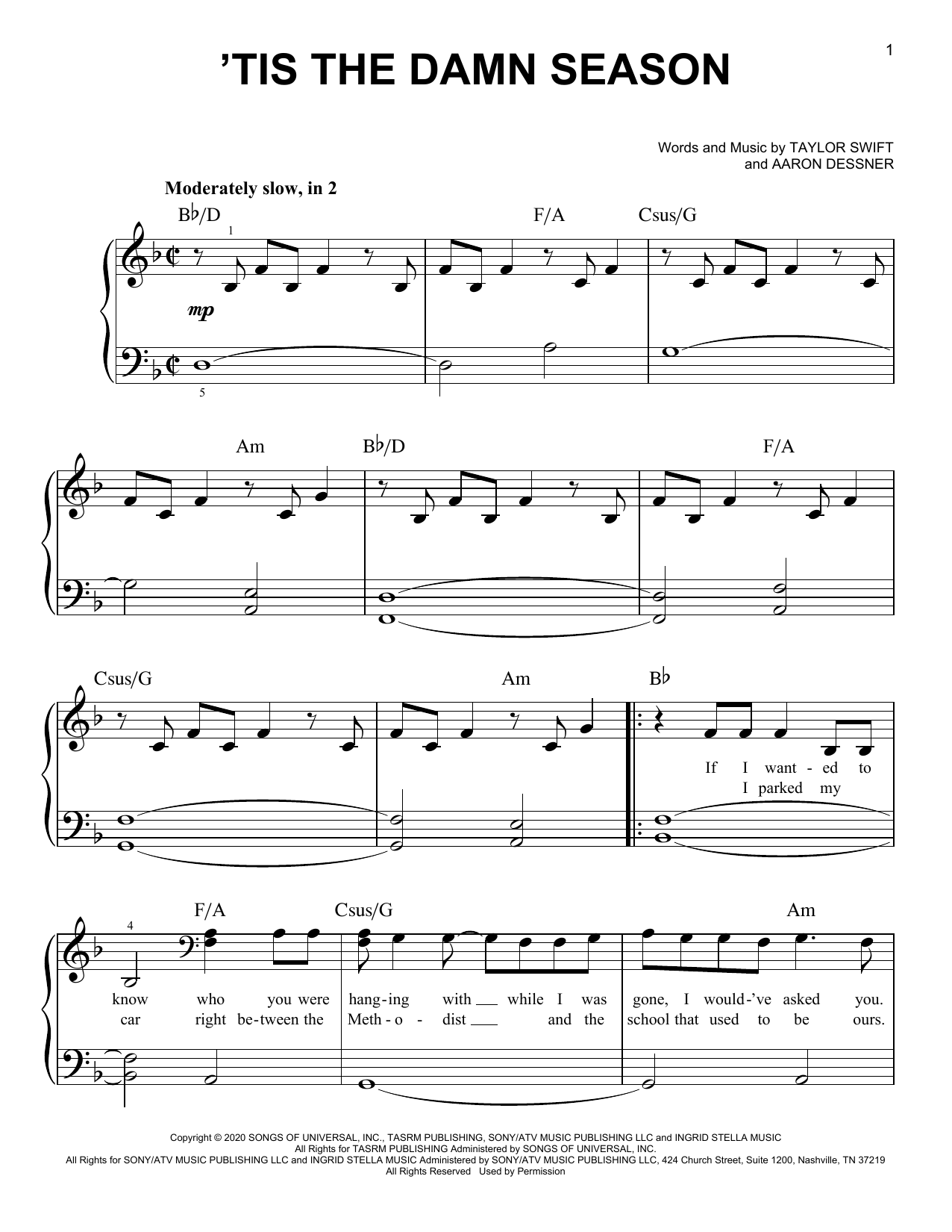 Taylor Swift 'tis the damn season sheet music notes and chords arranged for Easy Piano