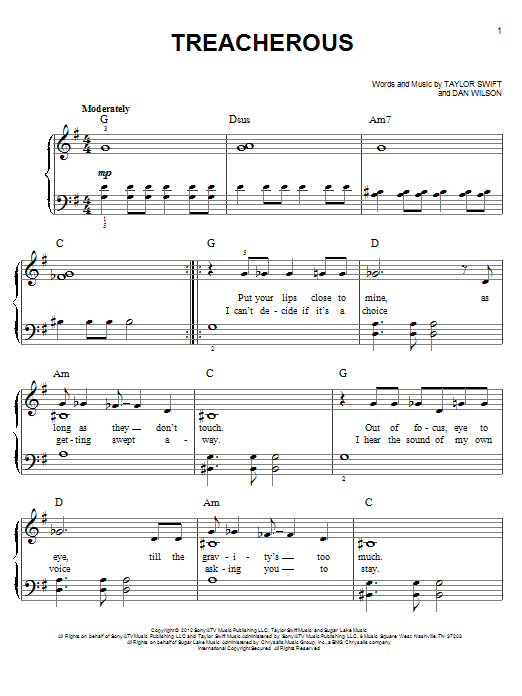 Taylor Swift Treacherous sheet music notes and chords arranged for Easy Guitar Tab