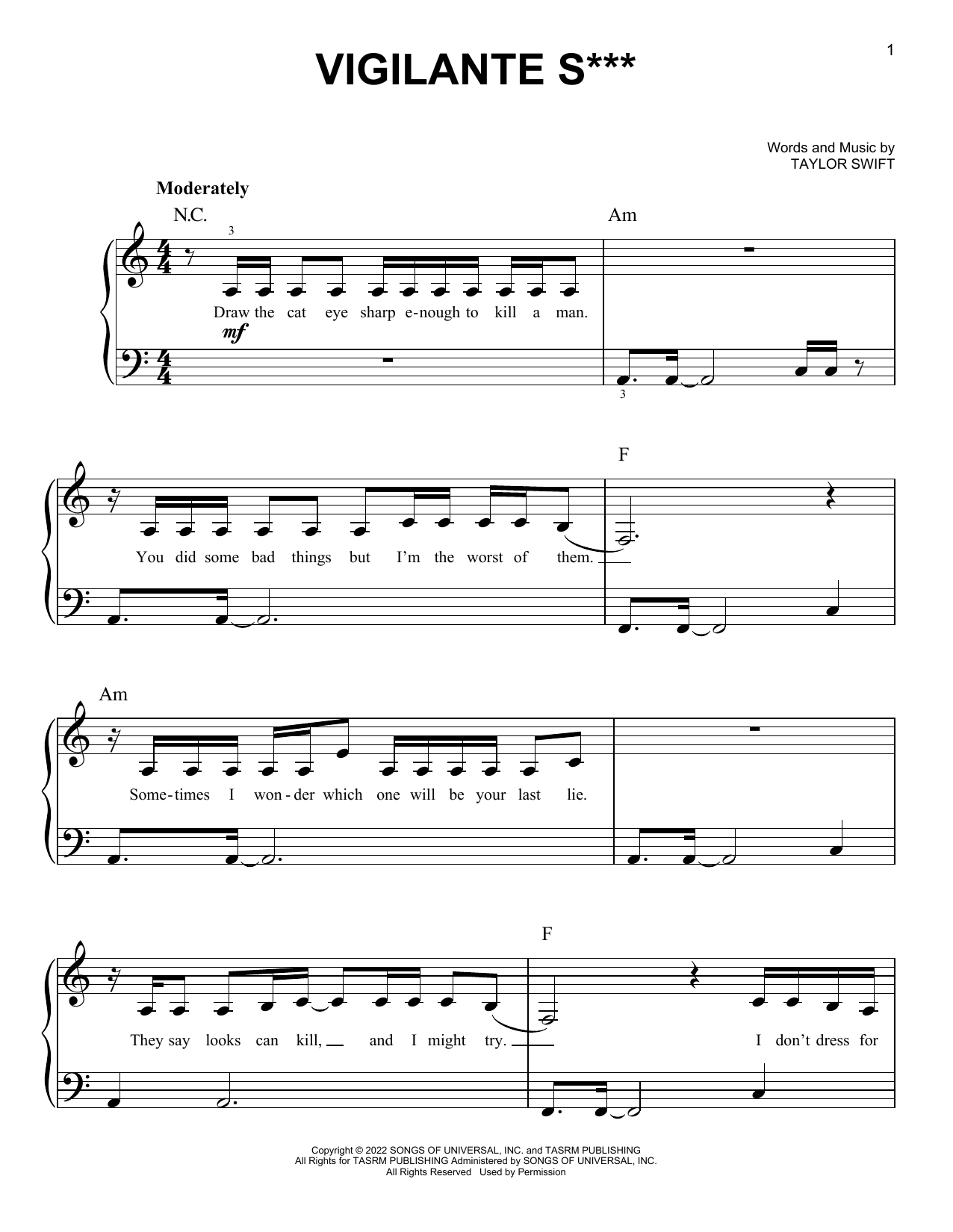 Taylor Swift Vigilante S*** sheet music notes and chords arranged for Easy Piano