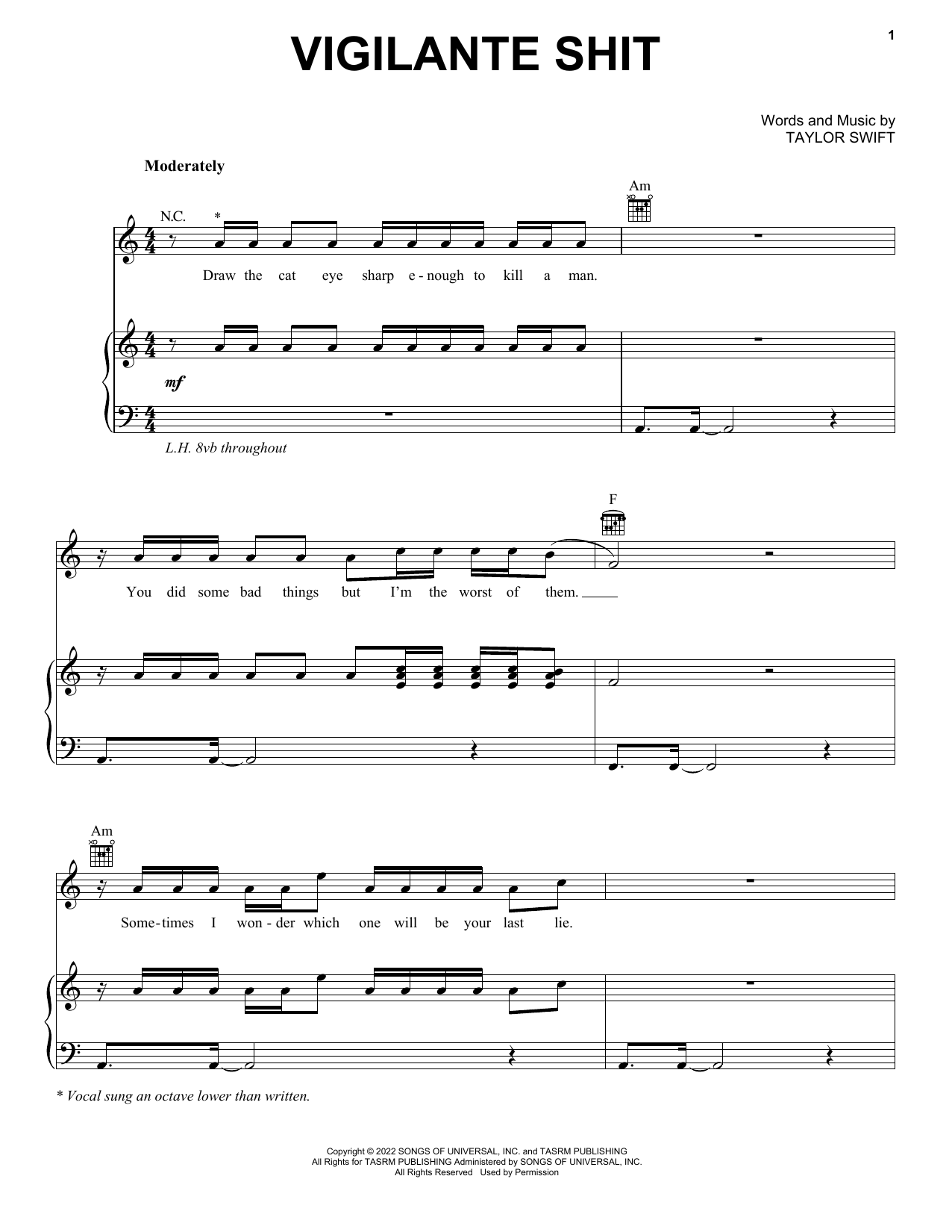 Taylor Swift Vigilante Shit sheet music notes and chords arranged for Piano, Vocal & Guitar Chords (Right-Hand Melody)