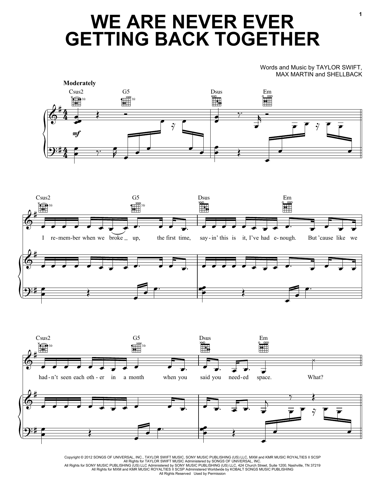 Taylor Swift We Are Never Ever Getting Back Together sheet music notes and chords arranged for Piano & Vocal