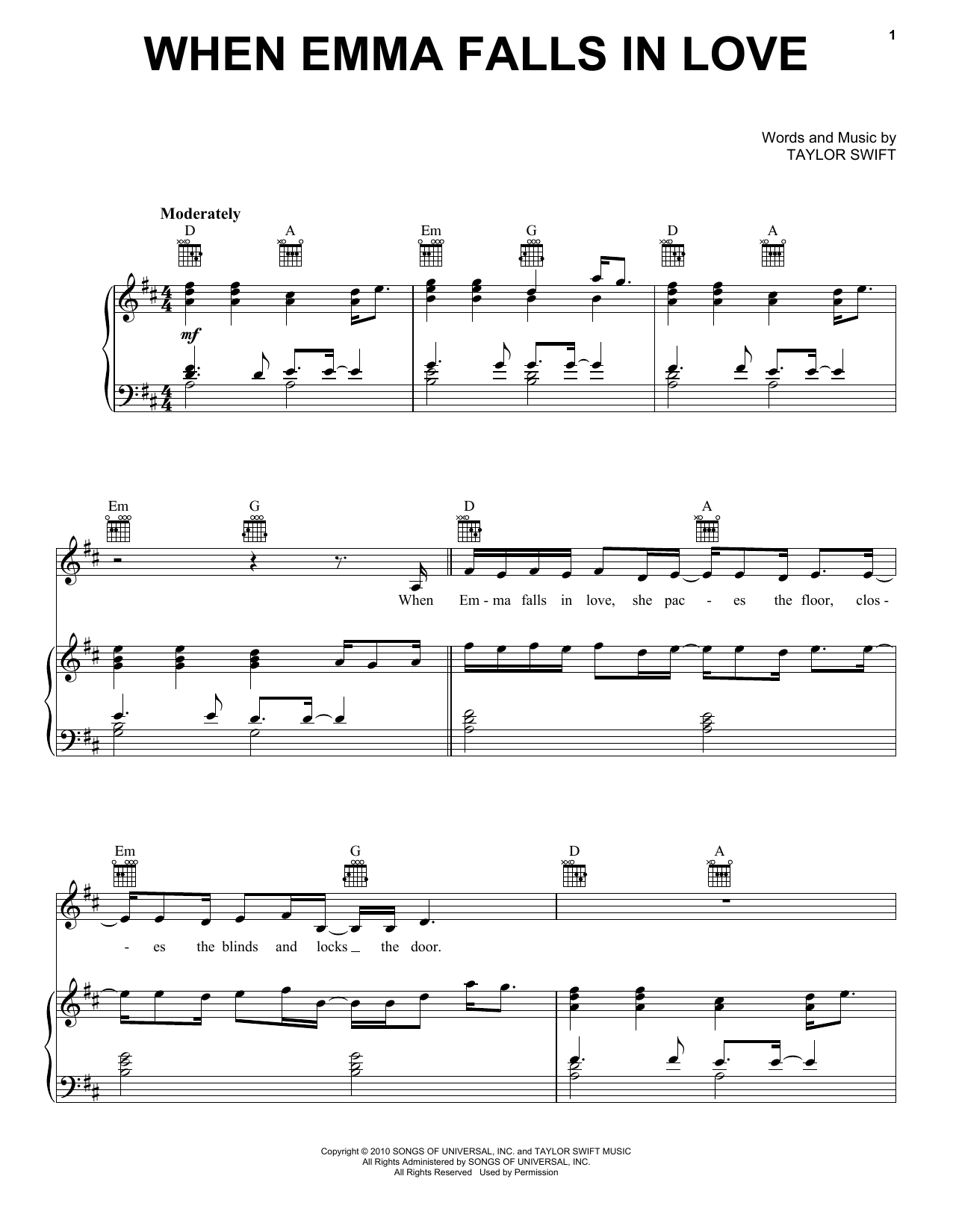 Taylor Swift When Emma Falls In Love (Taylor's Version) (From The Vault) sheet music notes and chords arranged for Piano, Vocal & Guitar Chords (Right-Hand Melody)