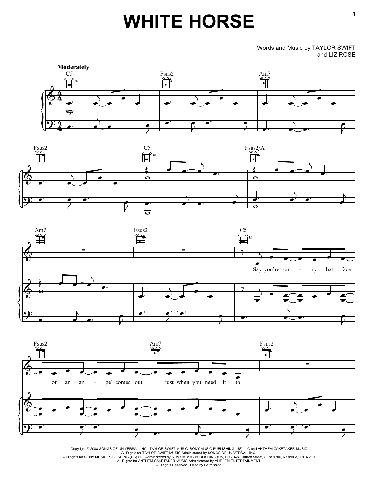 Taylor Swift White Horse sheet music notes and chords arranged for Easy Guitar Tab