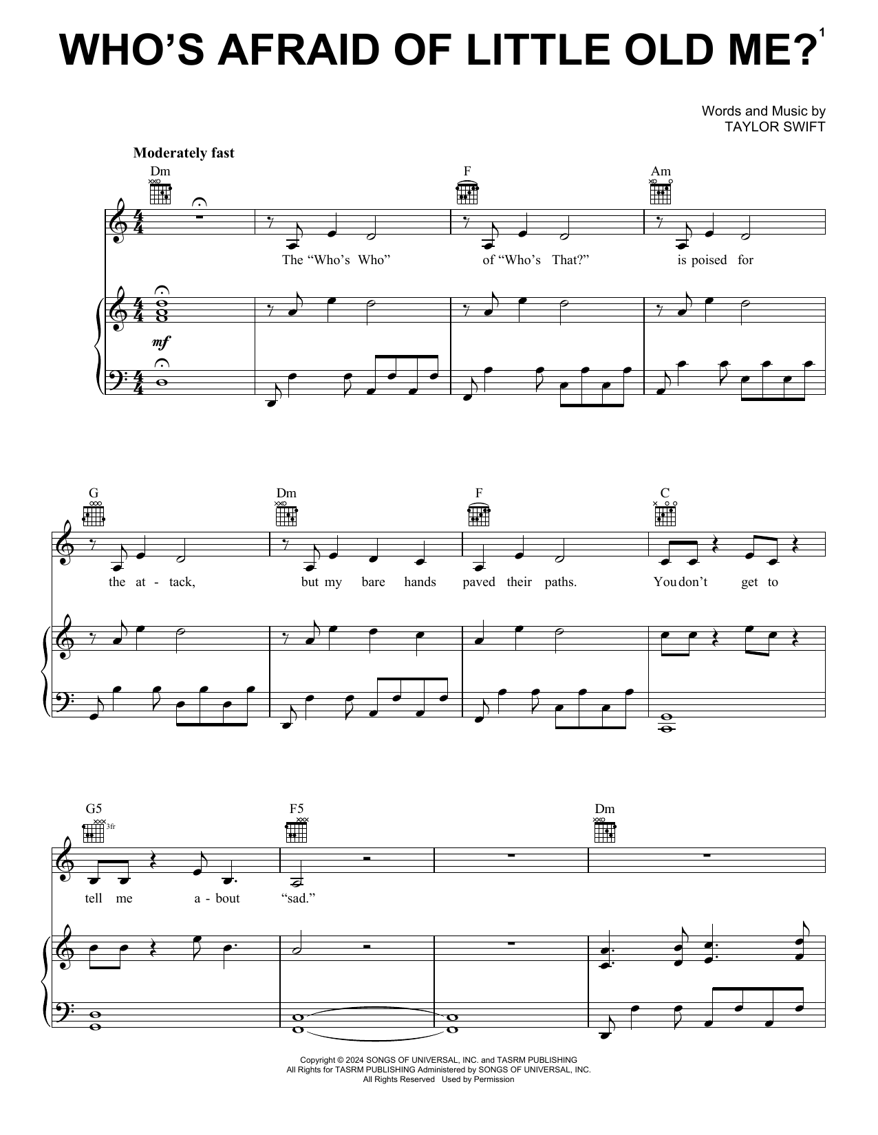 Taylor Swift Who's Afraid of Little Old Me? sheet music notes and chords arranged for Piano, Vocal & Guitar Chords (Right-Hand Melody)