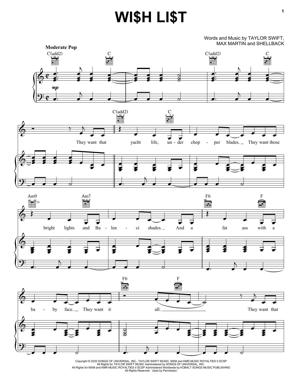 Taylor Swift Wi$h Li$t sheet music notes and chords arranged for Piano, Vocal & Guitar Chords (Right-Hand Melody)