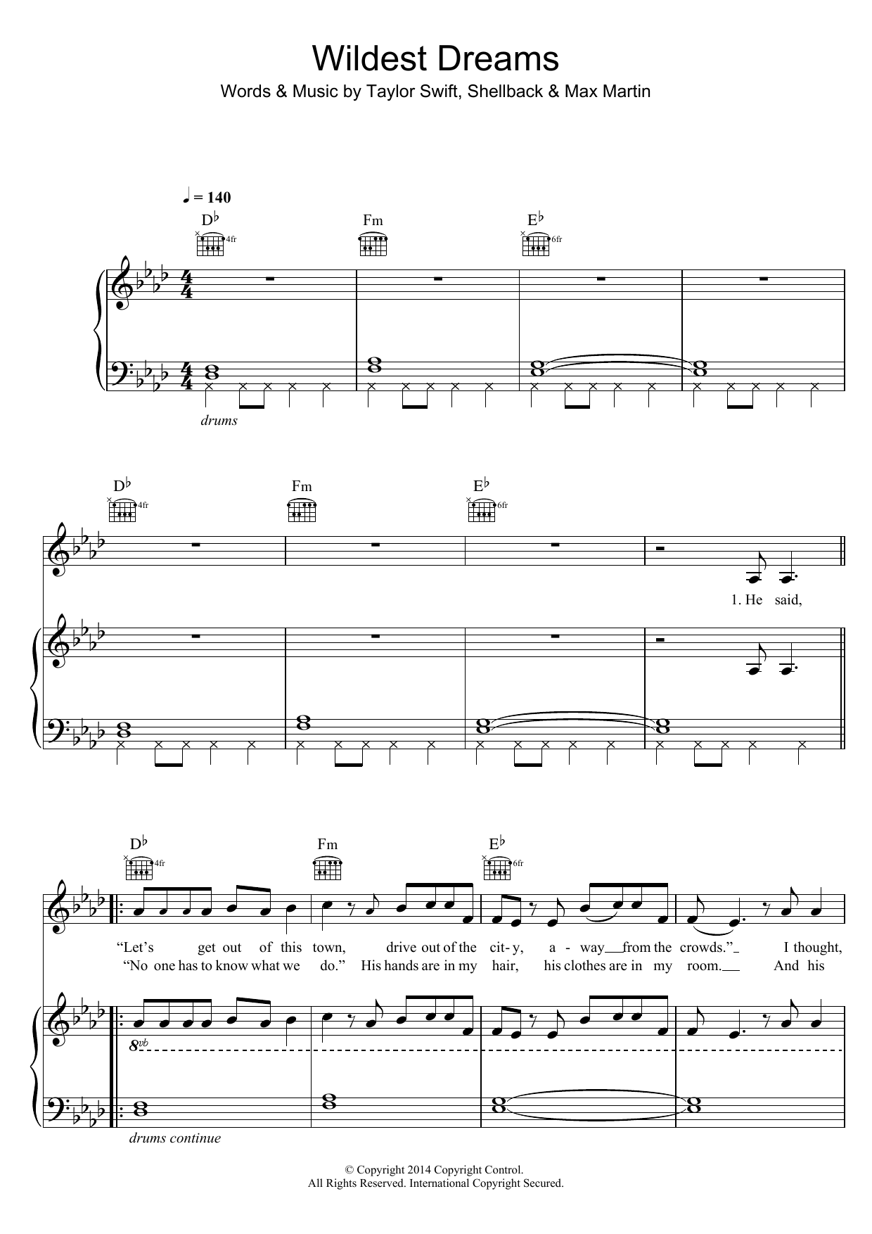 Taylor Swift Wildest Dreams sheet music notes and chords arranged for Piano, Vocal & Guitar Chords (Right-Hand Melody)
