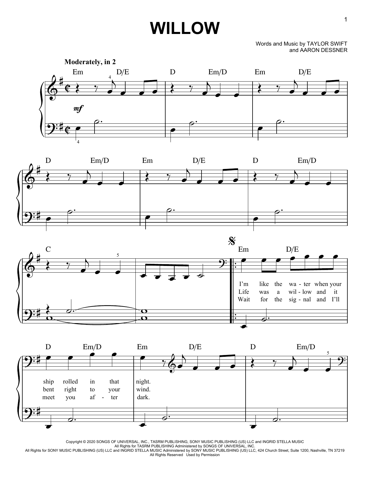 Taylor Swift willow sheet music notes and chords arranged for Really Easy Piano