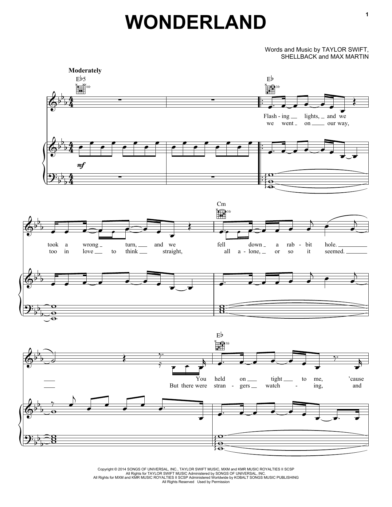 Taylor Swift Wonderland sheet music notes and chords arranged for Piano, Vocal & Guitar Chords (Right-Hand Melody)