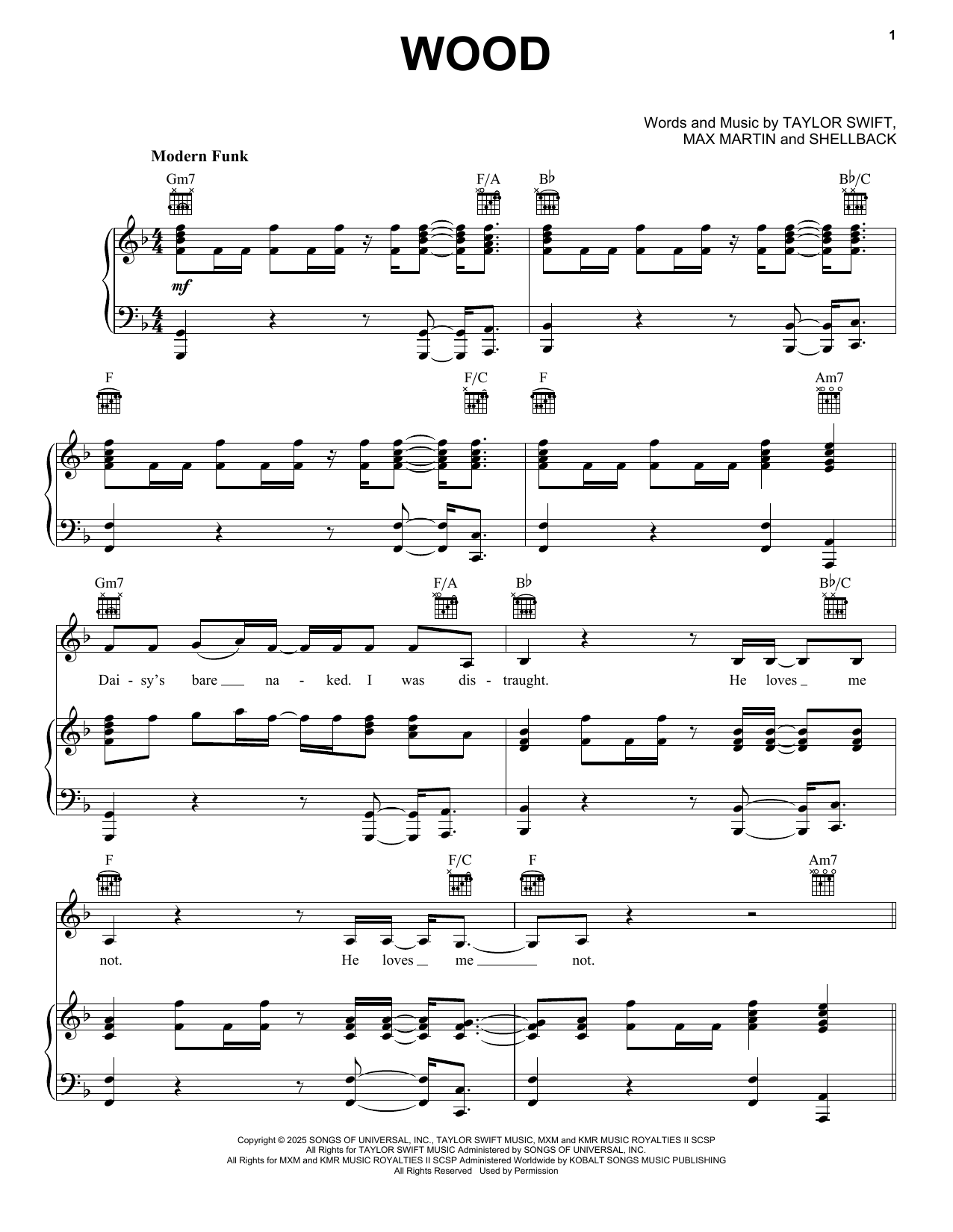 Taylor Swift Wood sheet music notes and chords arranged for Piano, Vocal & Guitar Chords (Right-Hand Melody)