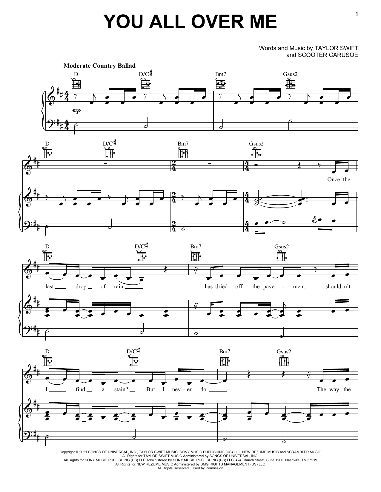 Taylor Swift You All Over Me (feat. Maren Morris) (Taylor's Version) (From The Vault) sheet music notes and chords arranged for Easy Piano