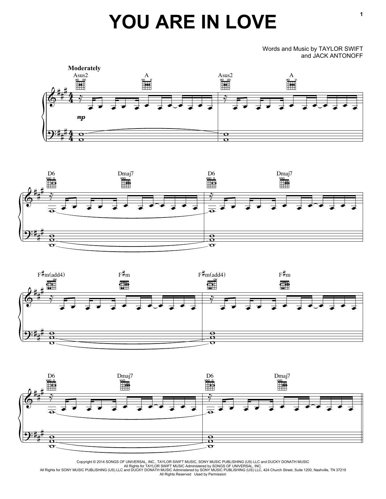 Taylor Swift You Are In Love sheet music notes and chords arranged for Piano, Vocal & Guitar Chords (Right-Hand Melody)