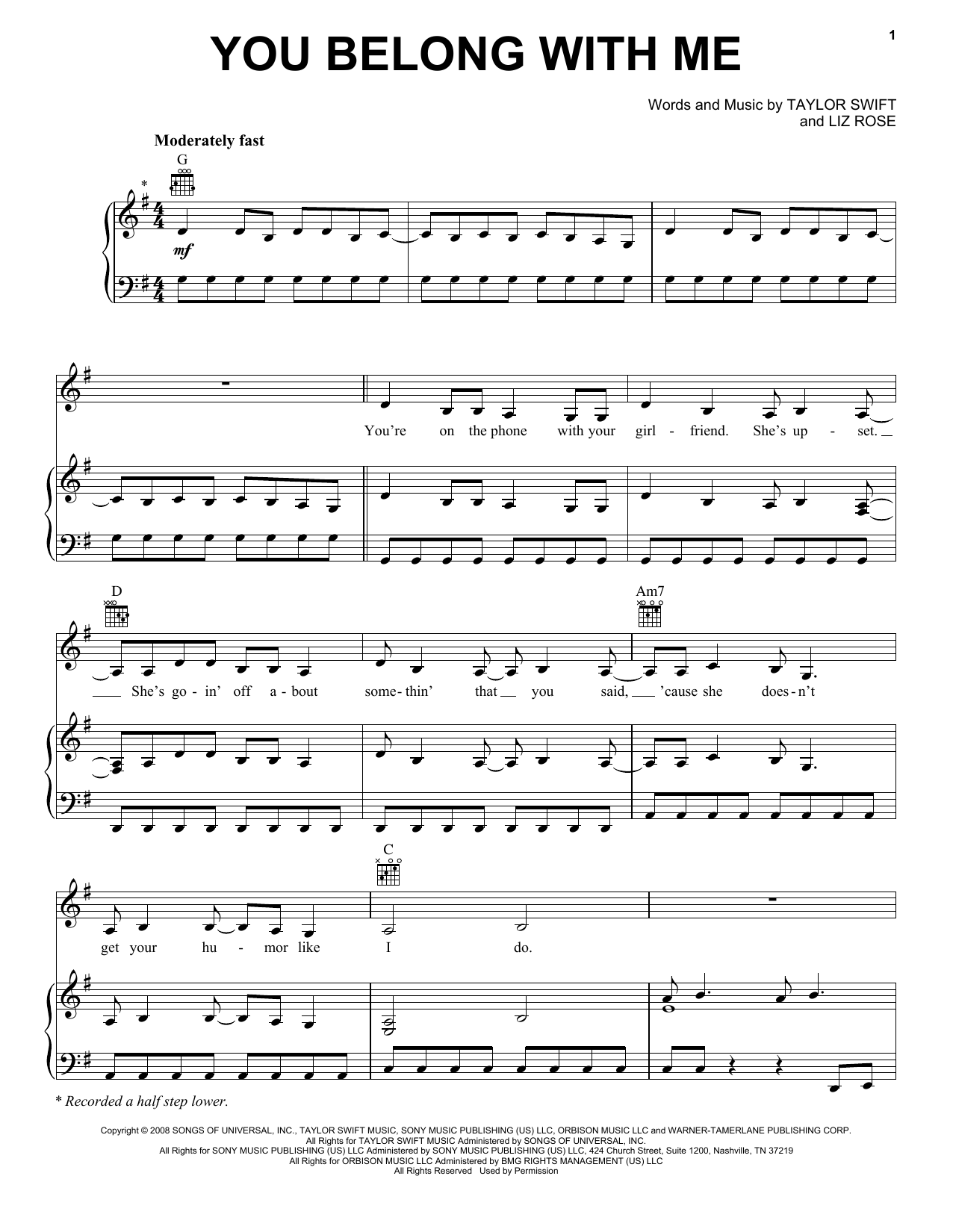 Taylor Swift You Belong With Me sheet music notes and chords arranged for Easy Guitar