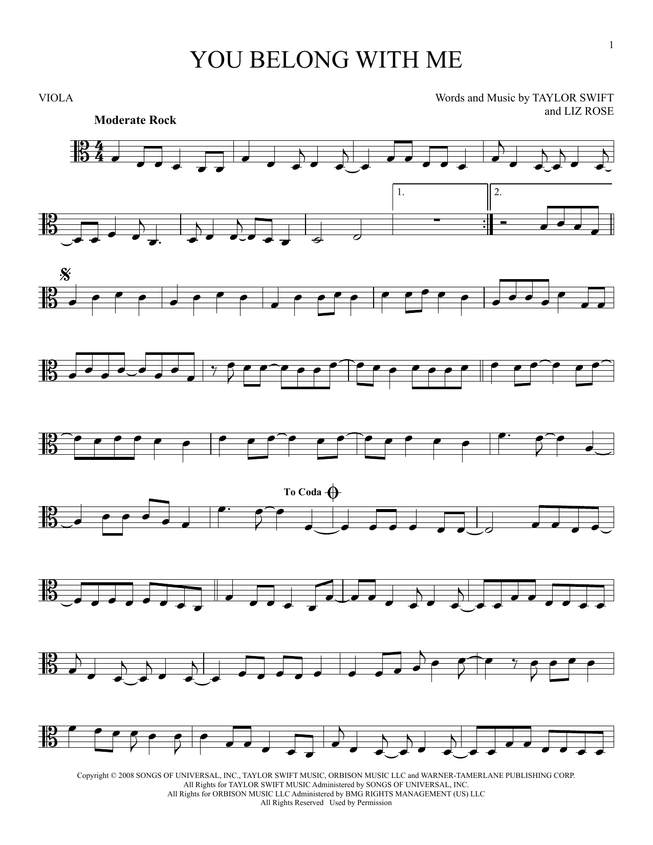 Taylor Swift You Belong With Me (Taylor's Version) sheet music notes and chords arranged for Viola Solo