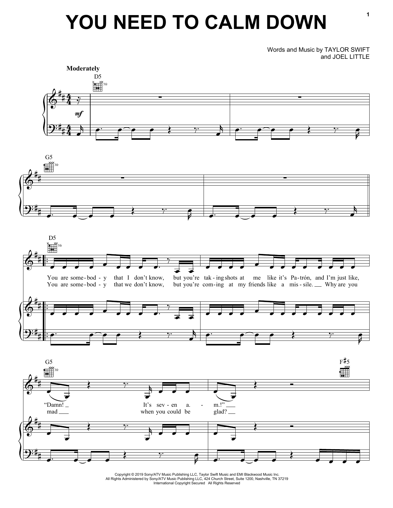 Taylor Swift You Need To Calm Down sheet music notes and chords arranged for Really Easy Guitar