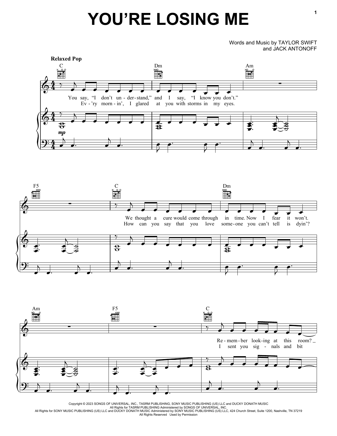 Taylor Swift You're Losing Me sheet music notes and chords arranged for Piano, Vocal & Guitar Chords (Right-Hand Melody)