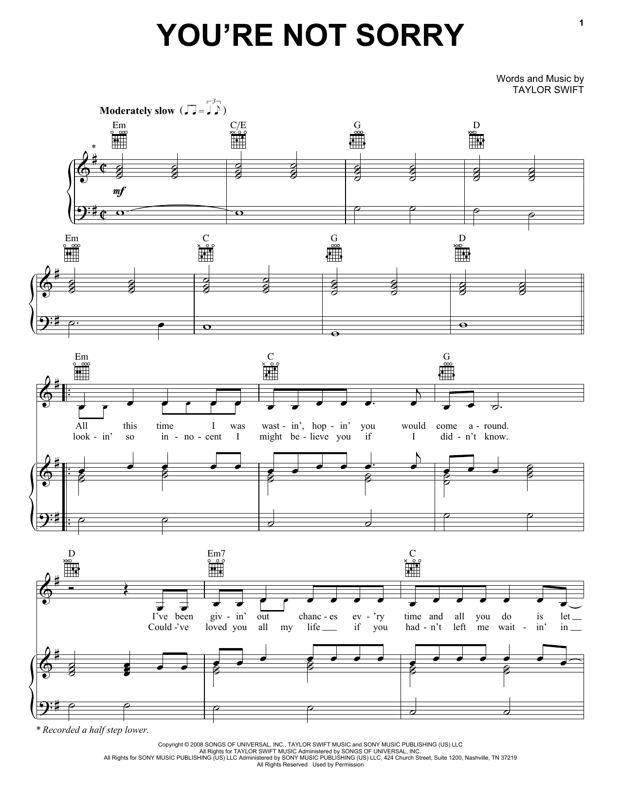 Taylor Swift You're Not Sorry sheet music notes and chords arranged for Guitar Tab