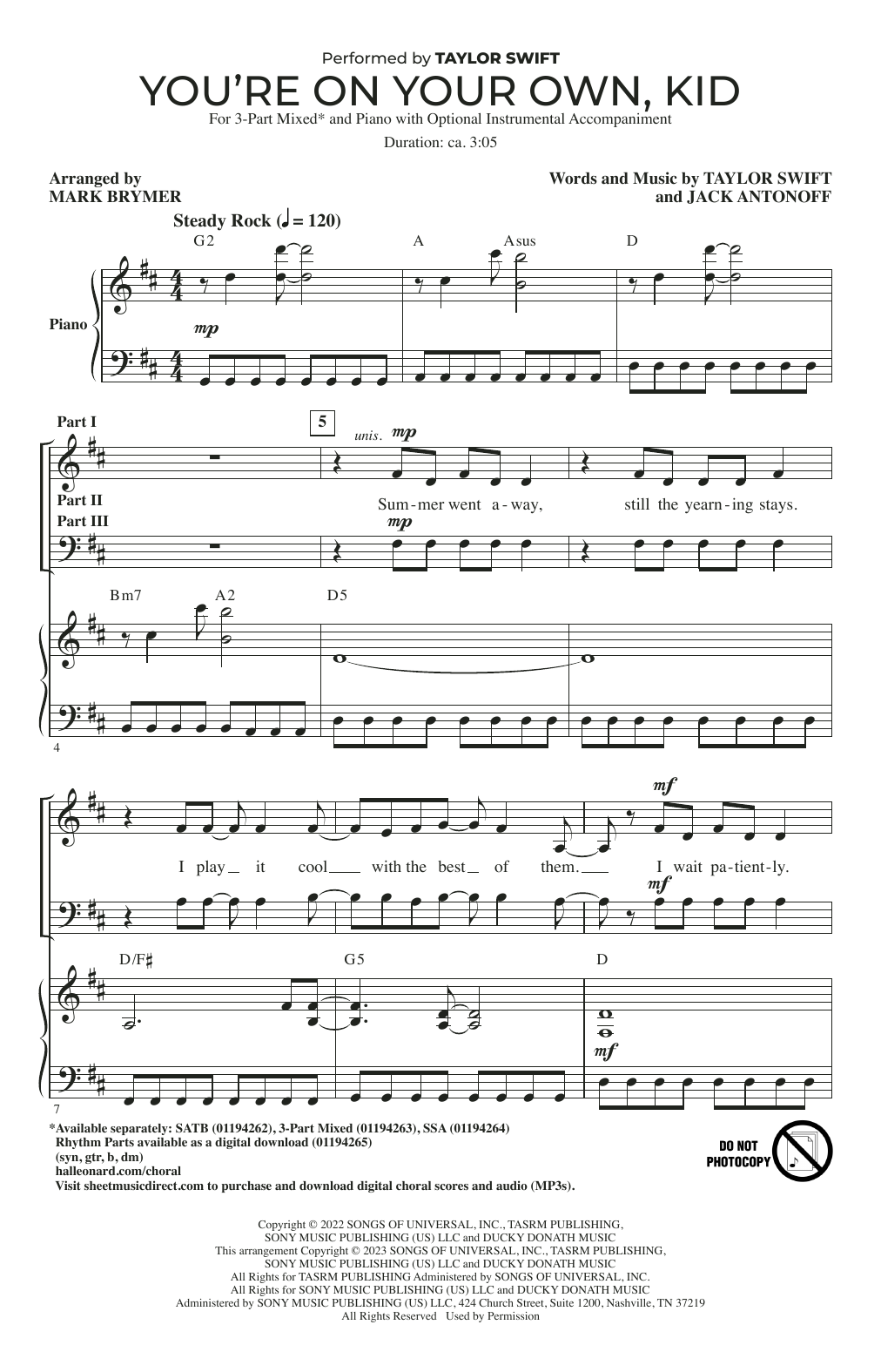 Taylor Swift You're On Your Own, Kid (arr. Mark Brymer) sheet music notes and chords arranged for 3-Part Mixed Choir