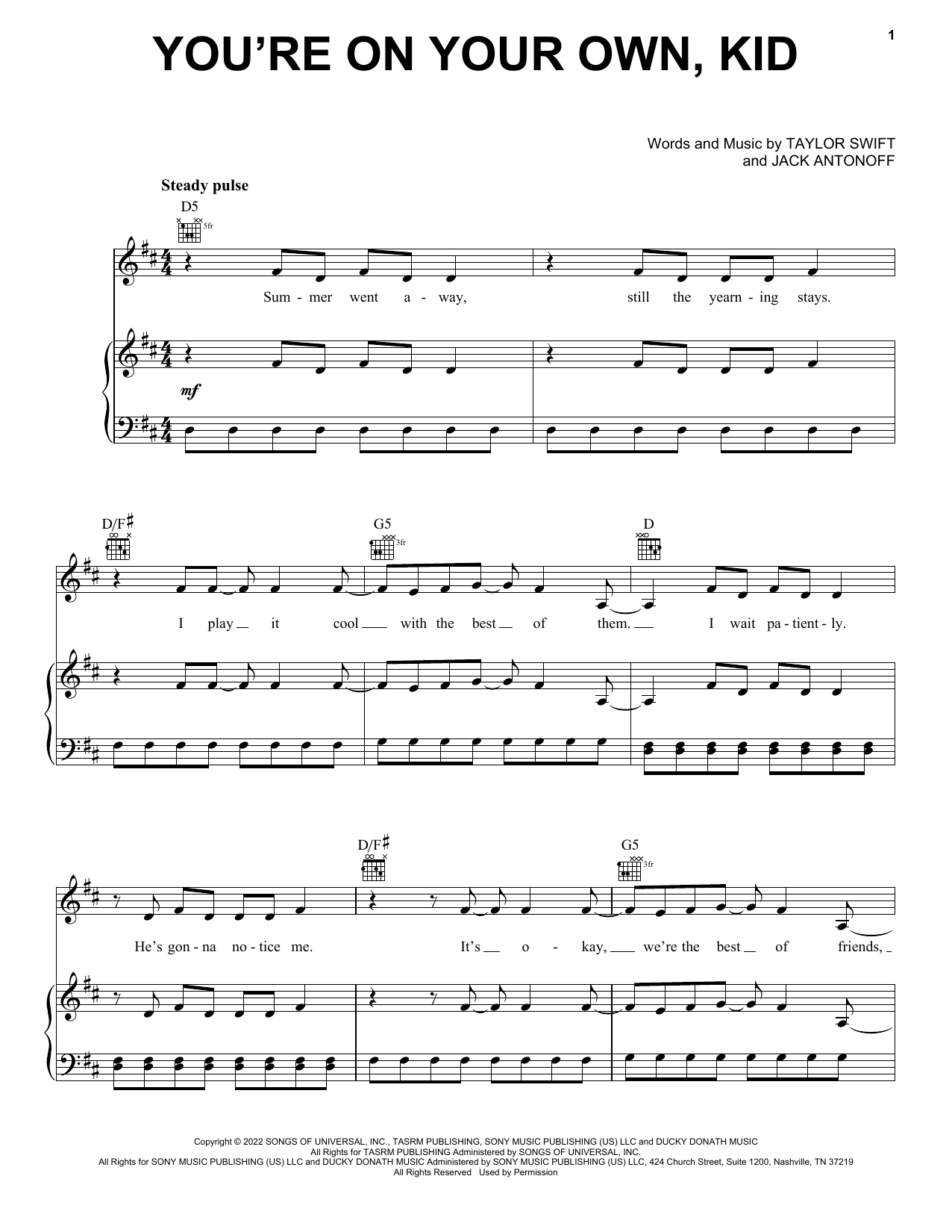 Taylor Swift You're On Your Own, Kid sheet music notes and chords arranged for Piano, Vocal & Guitar Chords (Right-Hand Melody)