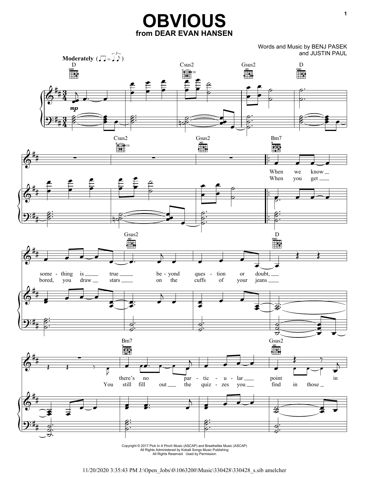Taylor Trensch Obvious (from Dear Evan Hansen) sheet music notes and chords arranged for Piano, Vocal & Guitar Chords (Right-Hand Melody)