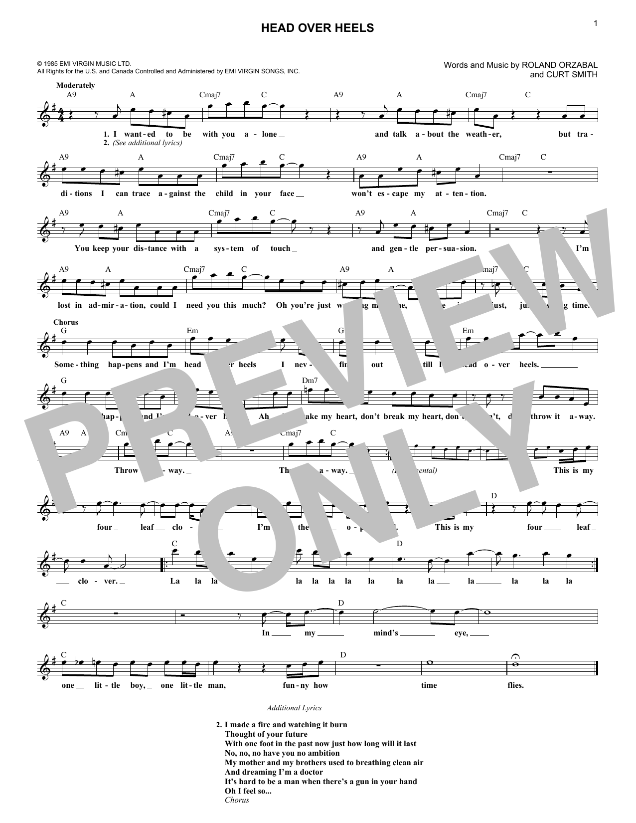Tears for Fears Head Over Heels sheet music notes and chords arranged for Lead Sheet / Fake Book