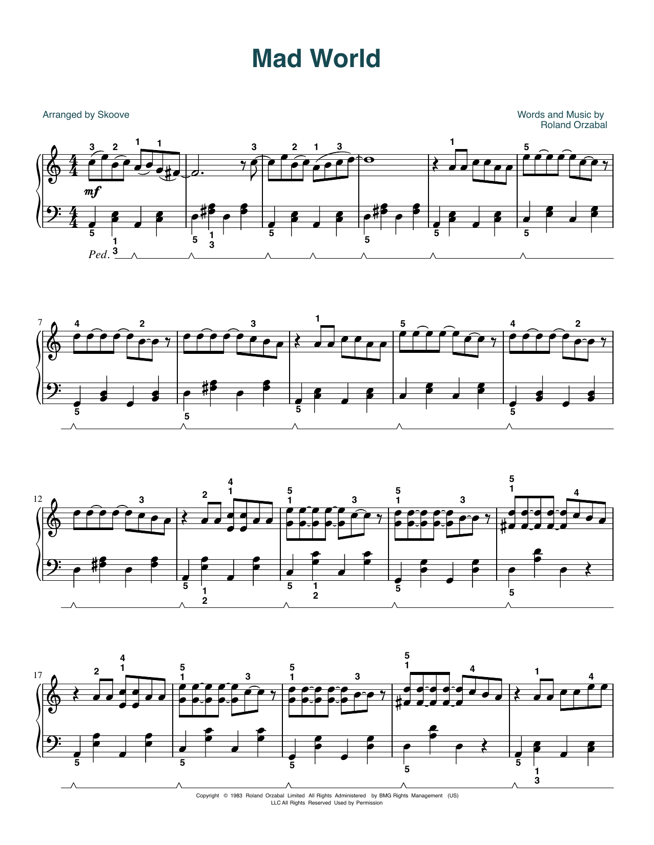 Tears For Fears Mad World (arr. Skoove) sheet music notes and chords arranged for Easy Piano