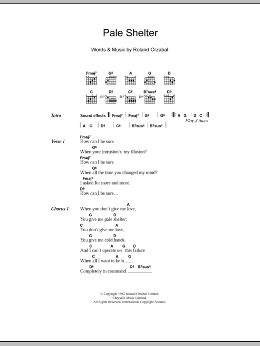 Tears for Fears Pale Shelter sheet music notes and chords arranged for Guitar Chords/Lyrics