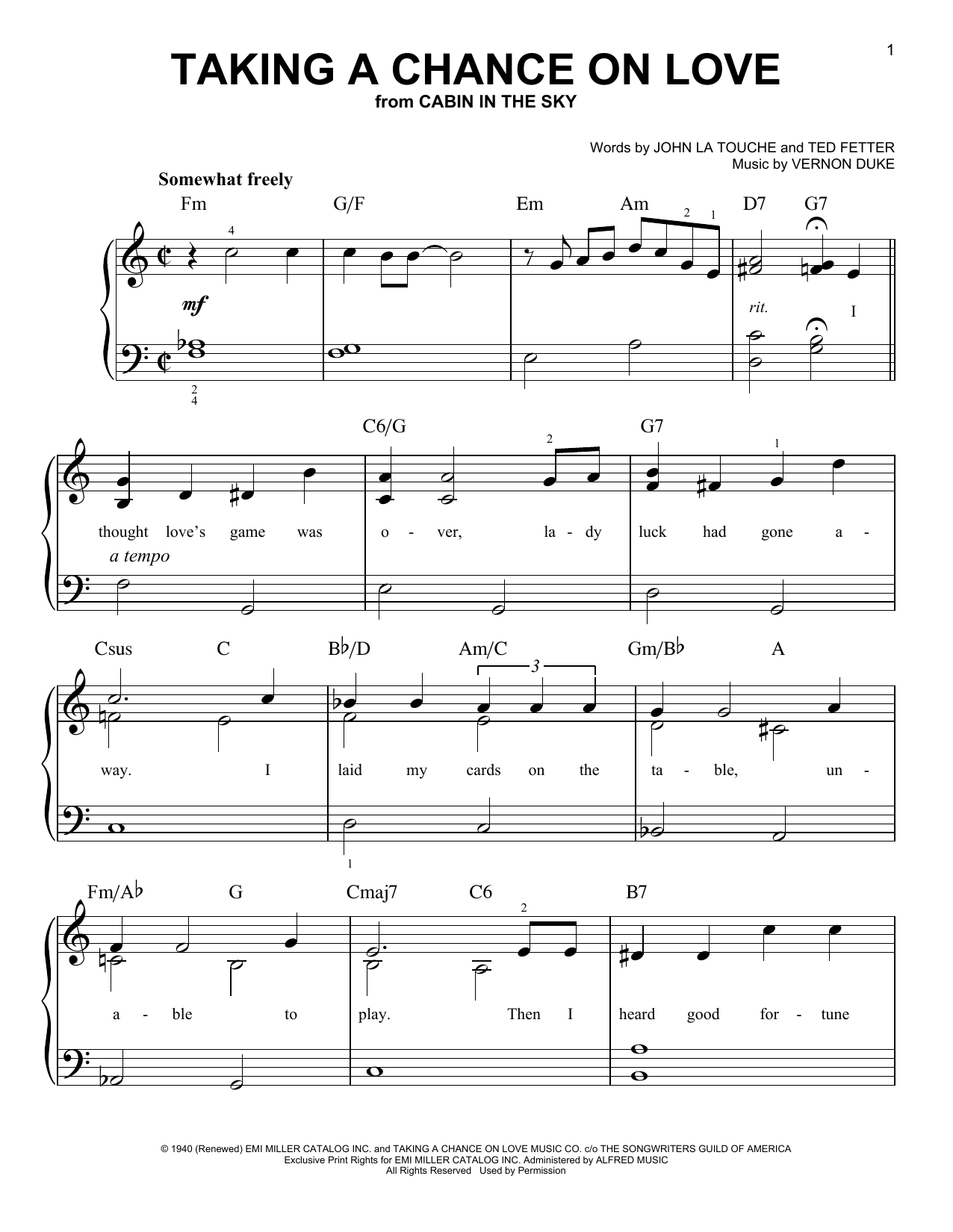 Ted Fetter Taking A Chance On Love sheet music notes and chords arranged for Easy Piano