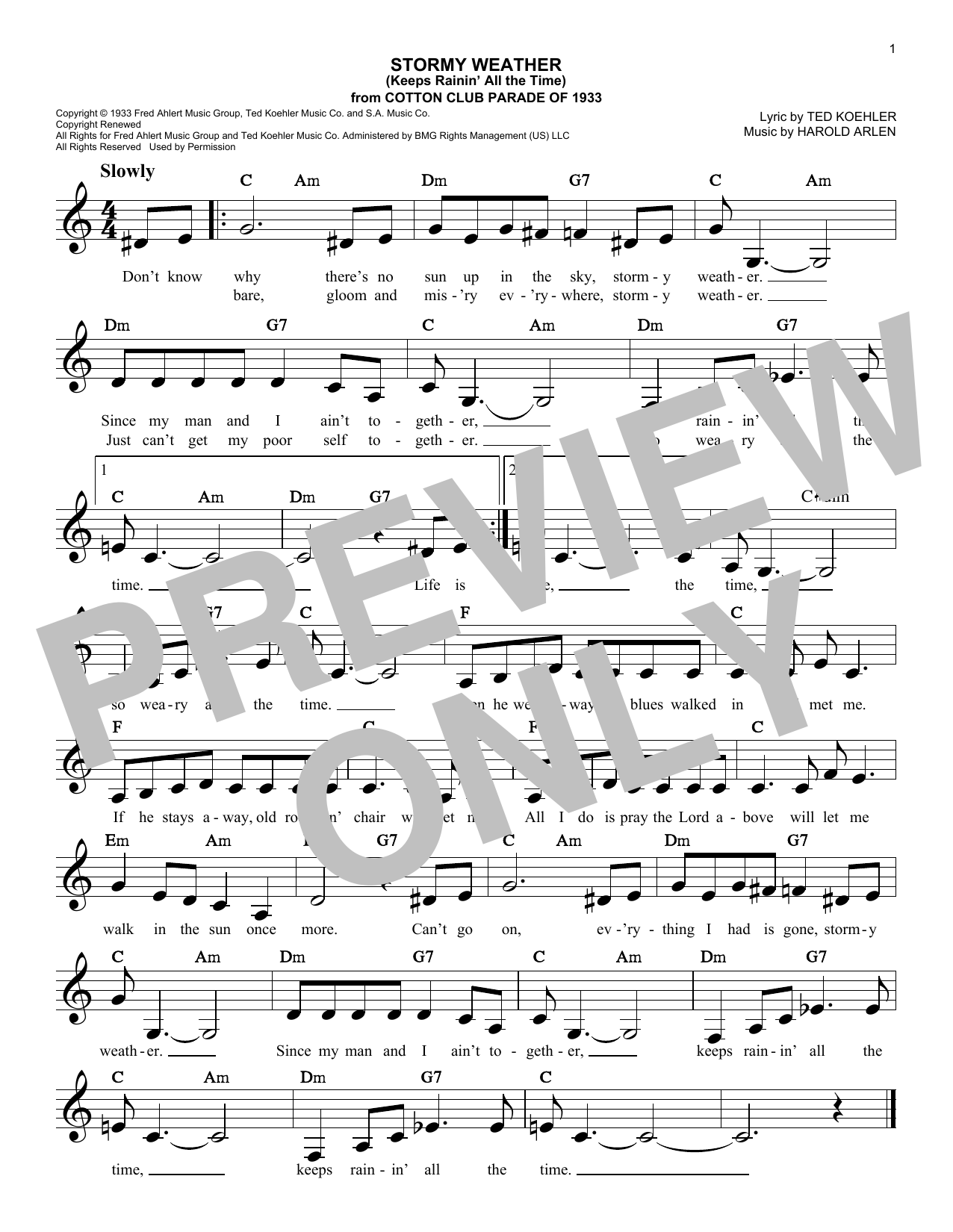 Ted Koehler & Harold Arlen Stormy Weather (Keeps Rainin' All The Time) sheet music notes and chords arranged for Lead Sheet / Fake Book