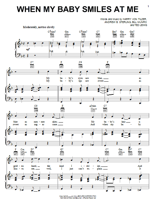 Ted Lewis When My Baby Smiles At Me sheet music notes and chords arranged for Piano, Vocal & Guitar Chords (Right-Hand Melody)
