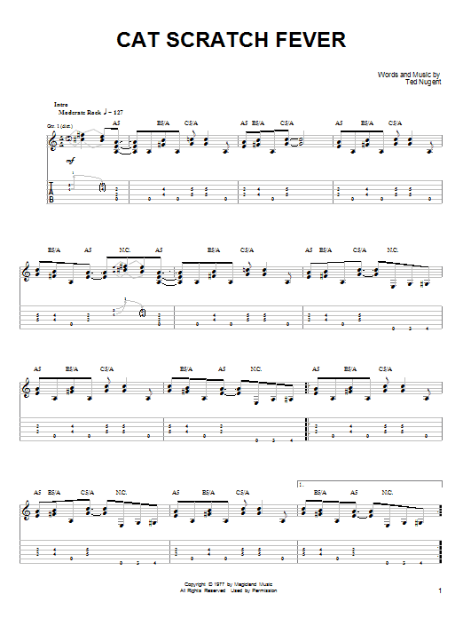 Ted Nugent Cat Scratch Fever sheet music notes and chords arranged for Easy Guitar Tab