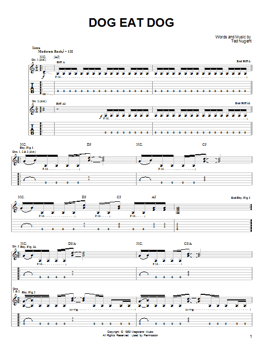 Ted Nugent Dog Eat Dog sheet music notes and chords arranged for Guitar Tab