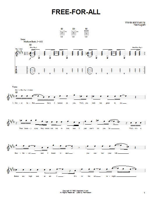 Ted Nugent Free-For-All sheet music notes and chords arranged for Easy Guitar Tab