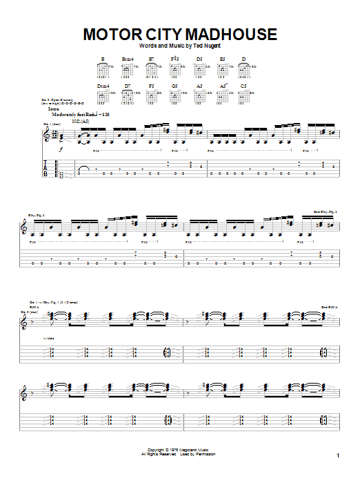 Ted Nugent Motor City Madhouse sheet music notes and chords arranged for Guitar Tab