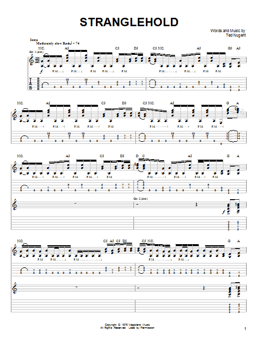 Ted Nugent Stranglehold sheet music notes and chords arranged for Guitar Tab