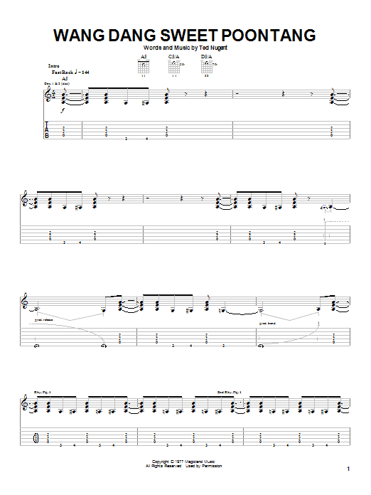 Ted Nugent Wang Dang Sweet Poontang sheet music notes and chords arranged for Guitar Tab