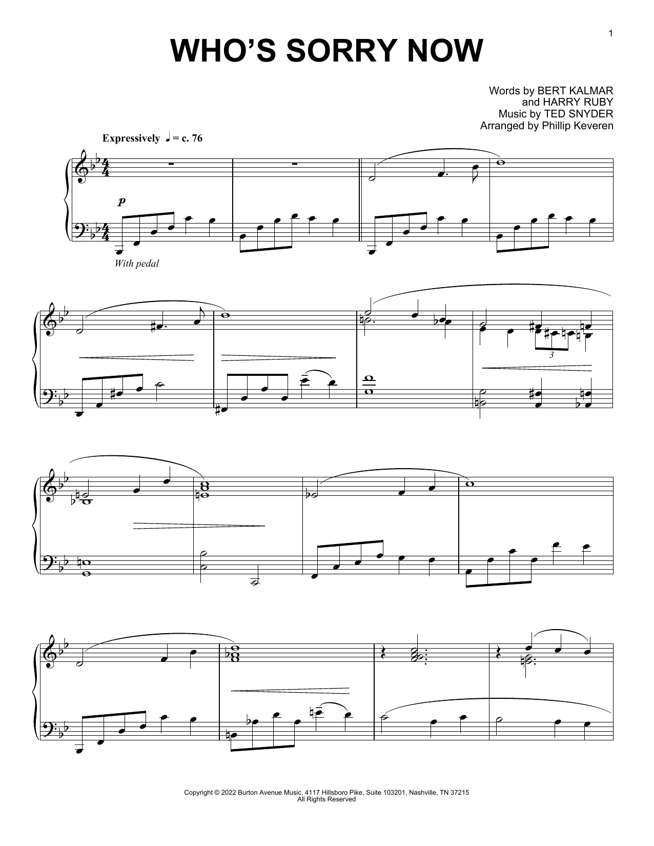 Ted Snyder Who's Sorry Now (arr. Phillip Keveren) sheet music notes and chords arranged for Piano Solo
