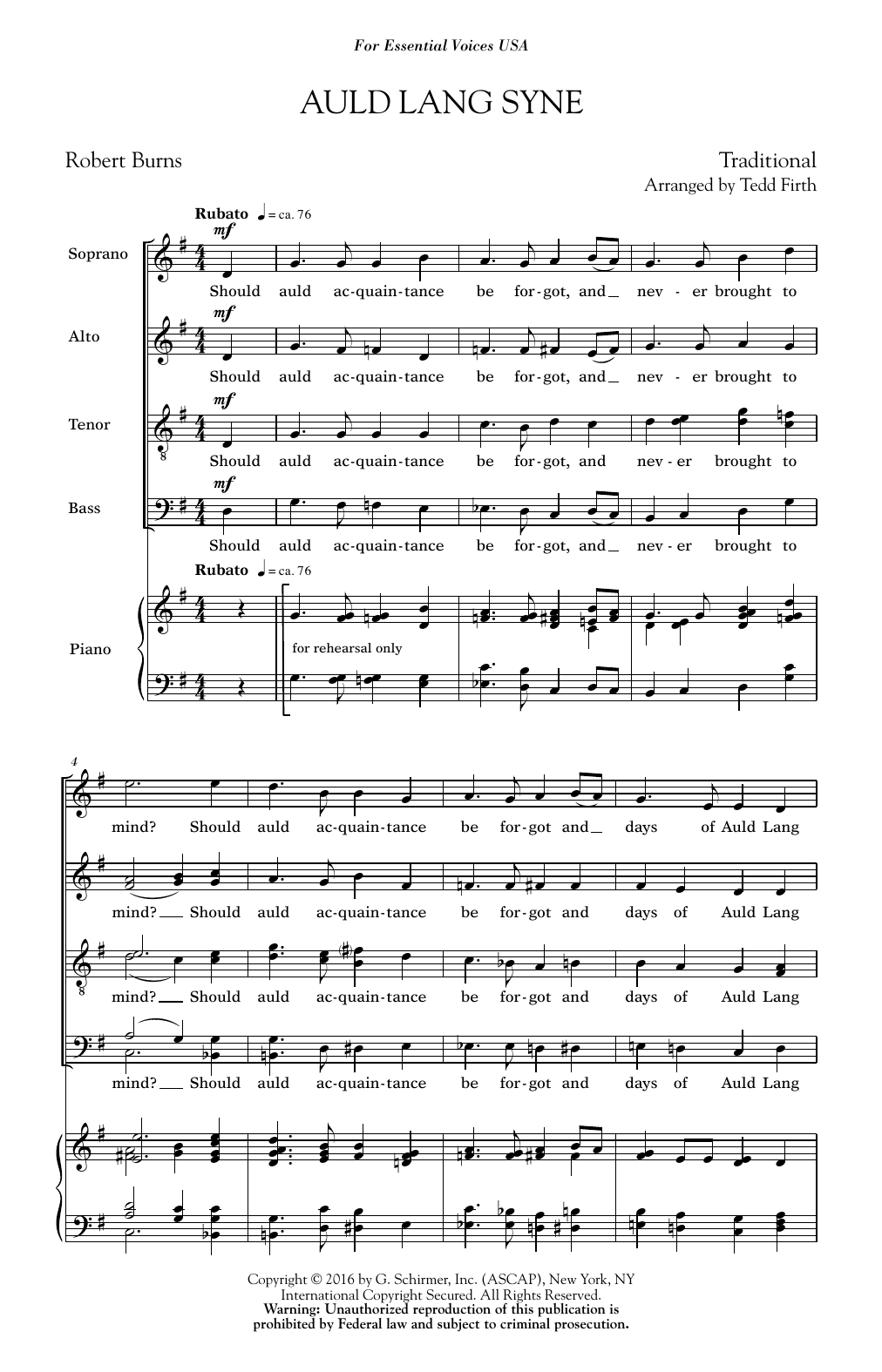 Tedd Firth Auld Lang Syne sheet music notes and chords arranged for SATB Choir