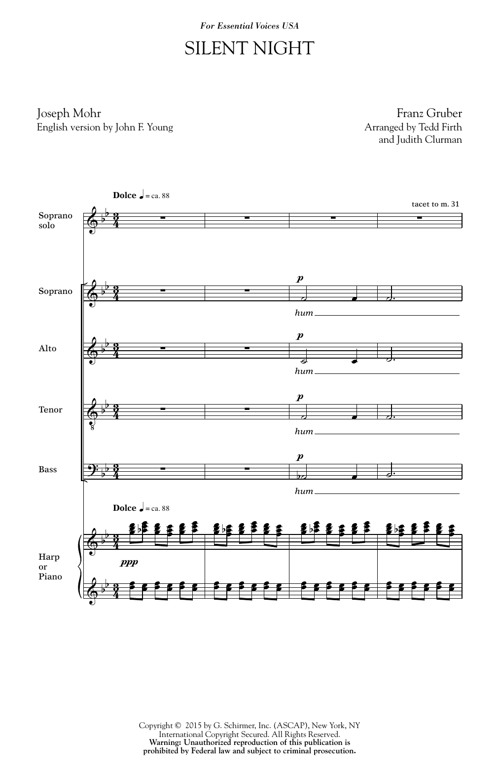Tedd Firth Silent Night sheet music notes and chords arranged for SATB Choir