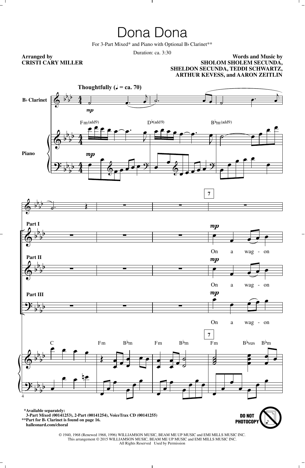 Teddi Schwartz Dona Dona (arr. Cristi Cary Miller) sheet music notes and chords arranged for 3-Part Mixed Choir
