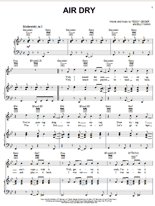 Teddy Geiger Air Dry sheet music notes and chords arranged for Piano, Vocal & Guitar Chords (Right-Hand Melody)
