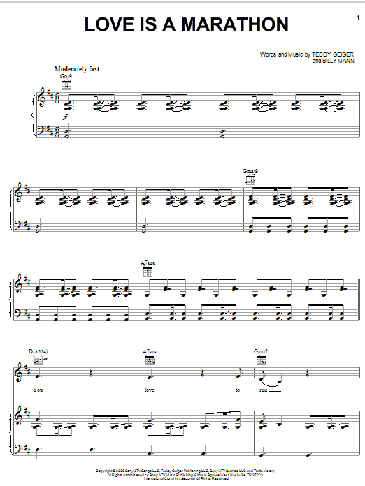 Teddy Geiger Love Is A Marathon sheet music notes and chords arranged for Piano, Vocal & Guitar Chords (Right-Hand Melody)