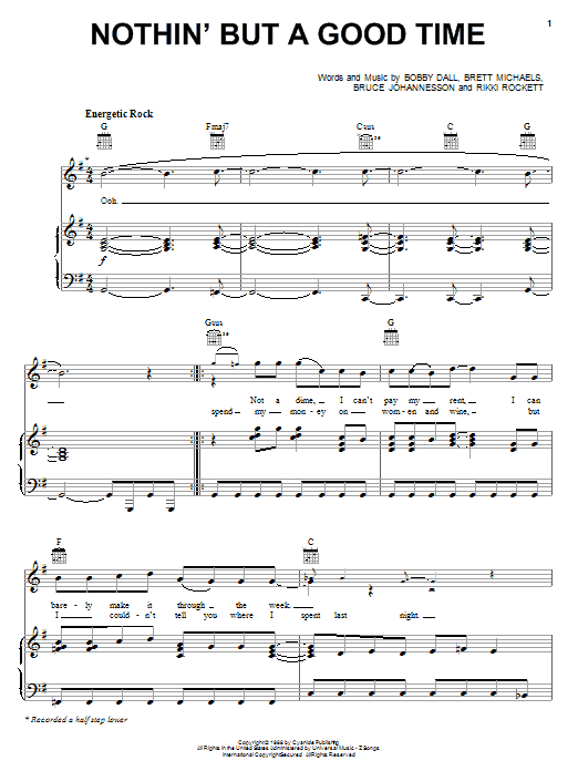 Teddy Geiger Nothin' But A Good Time sheet music notes and chords arranged for Piano, Vocal & Guitar Chords (Right-Hand Melody)