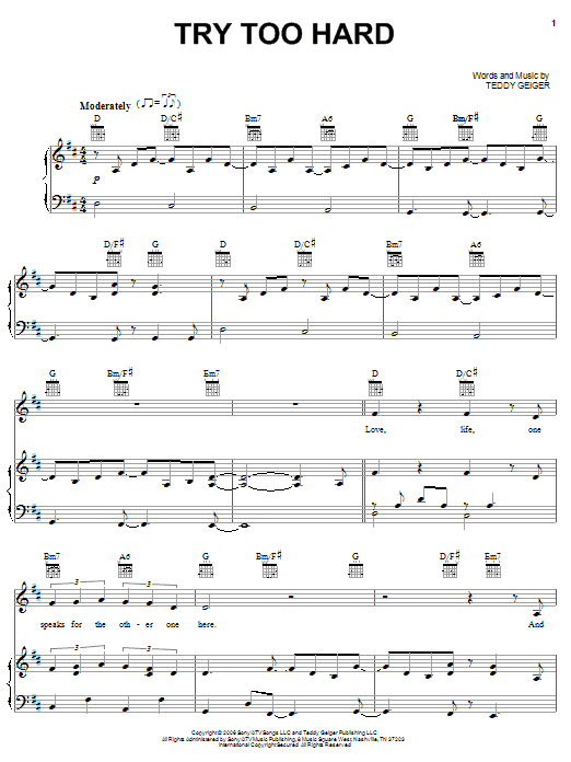 Teddy Geiger Try Too Hard sheet music notes and chords arranged for Piano, Vocal & Guitar Chords (Right-Hand Melody)