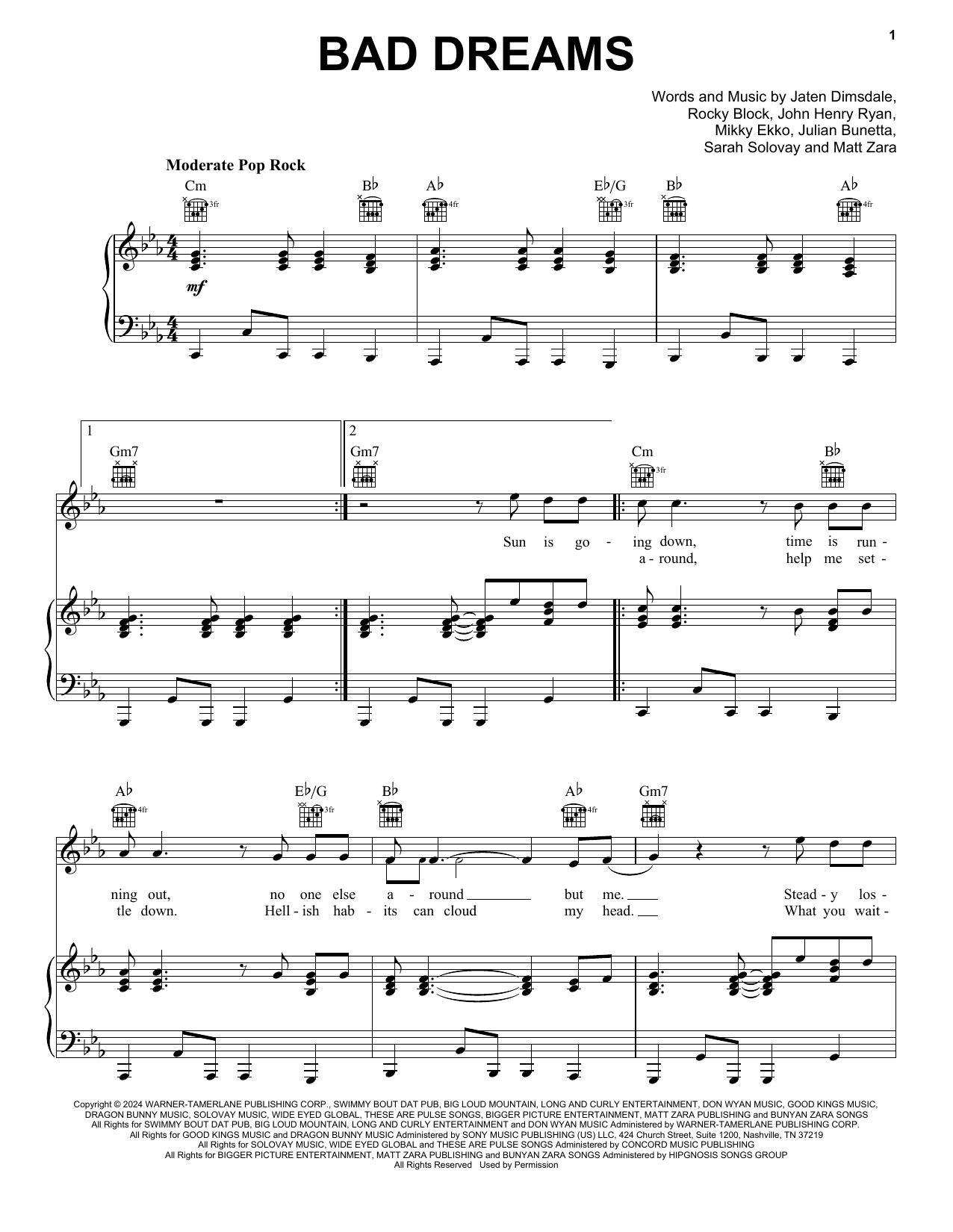 Teddy Swims Bad Dreams sheet music notes and chords arranged for Easy Piano