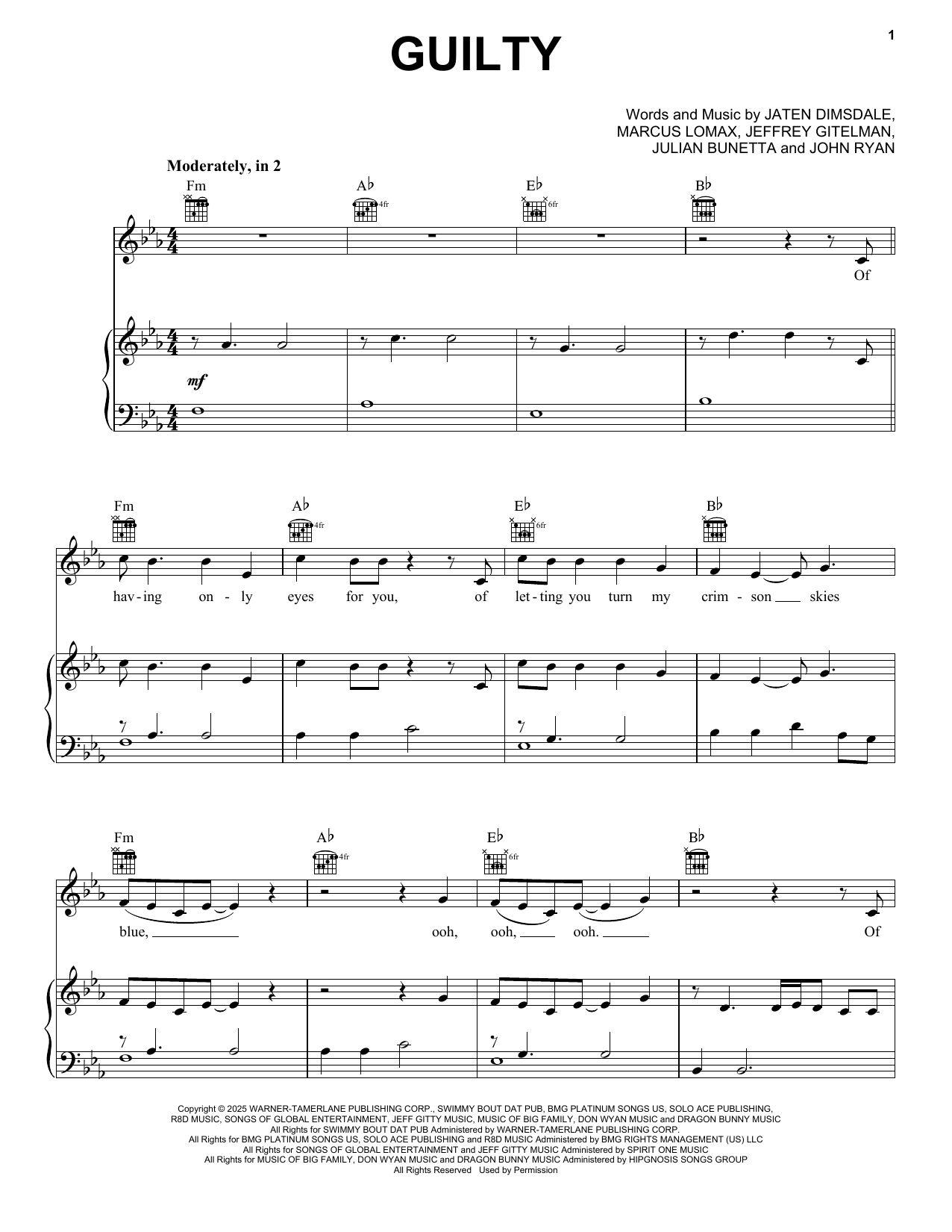 Teddy Swims Guilty sheet music notes and chords arranged for Piano, Vocal & Guitar Chords (Right-Hand Melody)