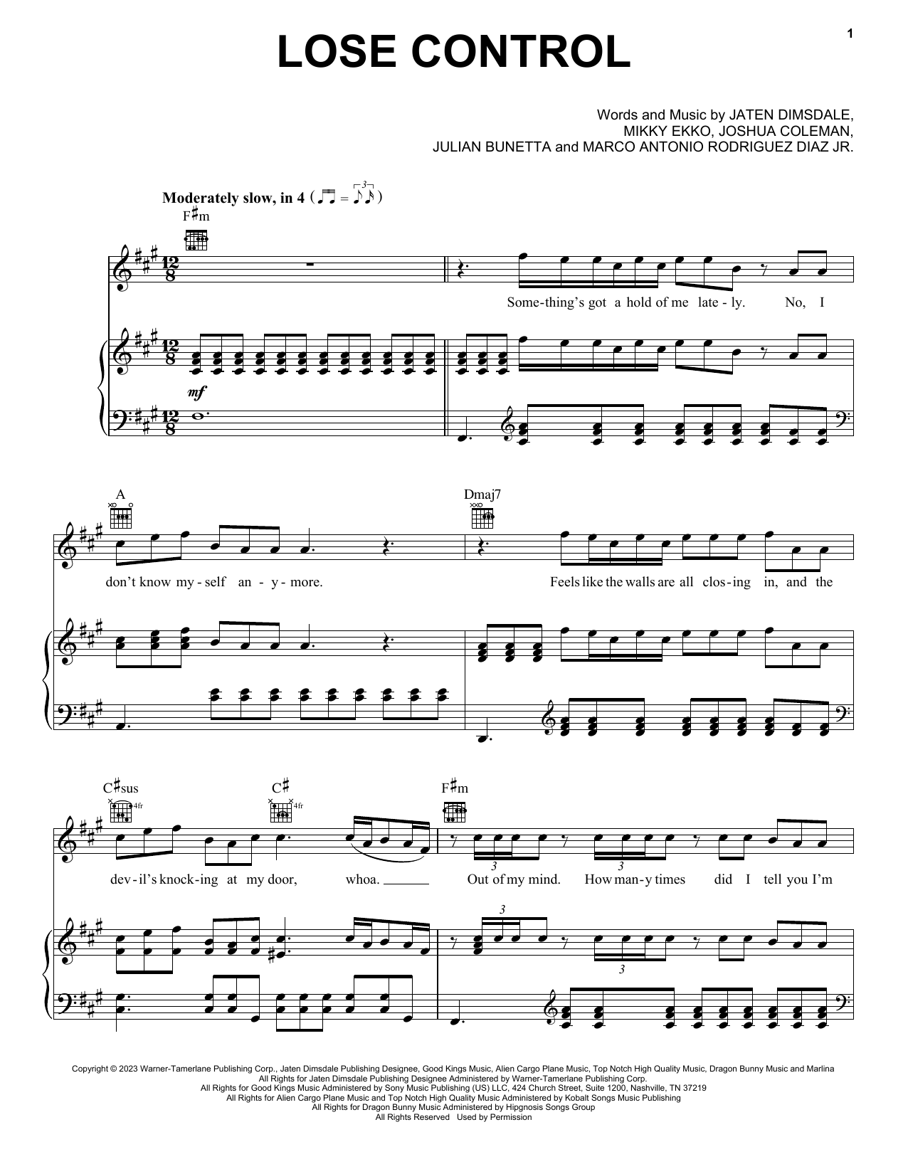 Teddy Swims Lose Control sheet music notes and chords arranged for Piano, Vocal & Guitar Chords (Right-Hand Melody)