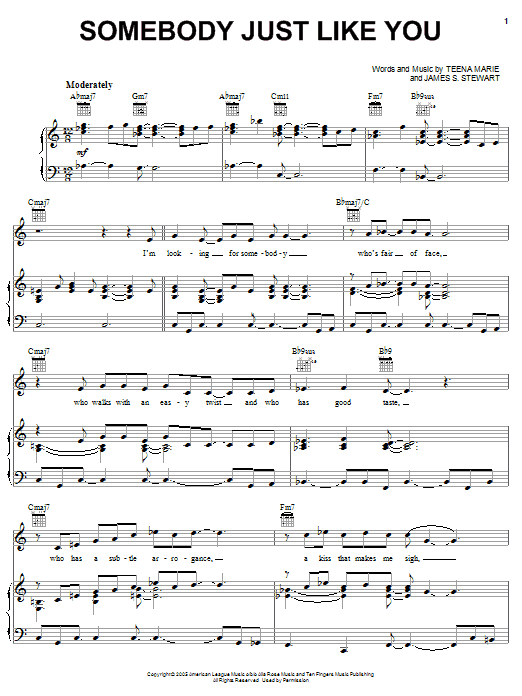 Teena Marie Somebody Just Like You sheet music notes and chords arranged for Piano, Vocal & Guitar Chords (Right-Hand Melody)
