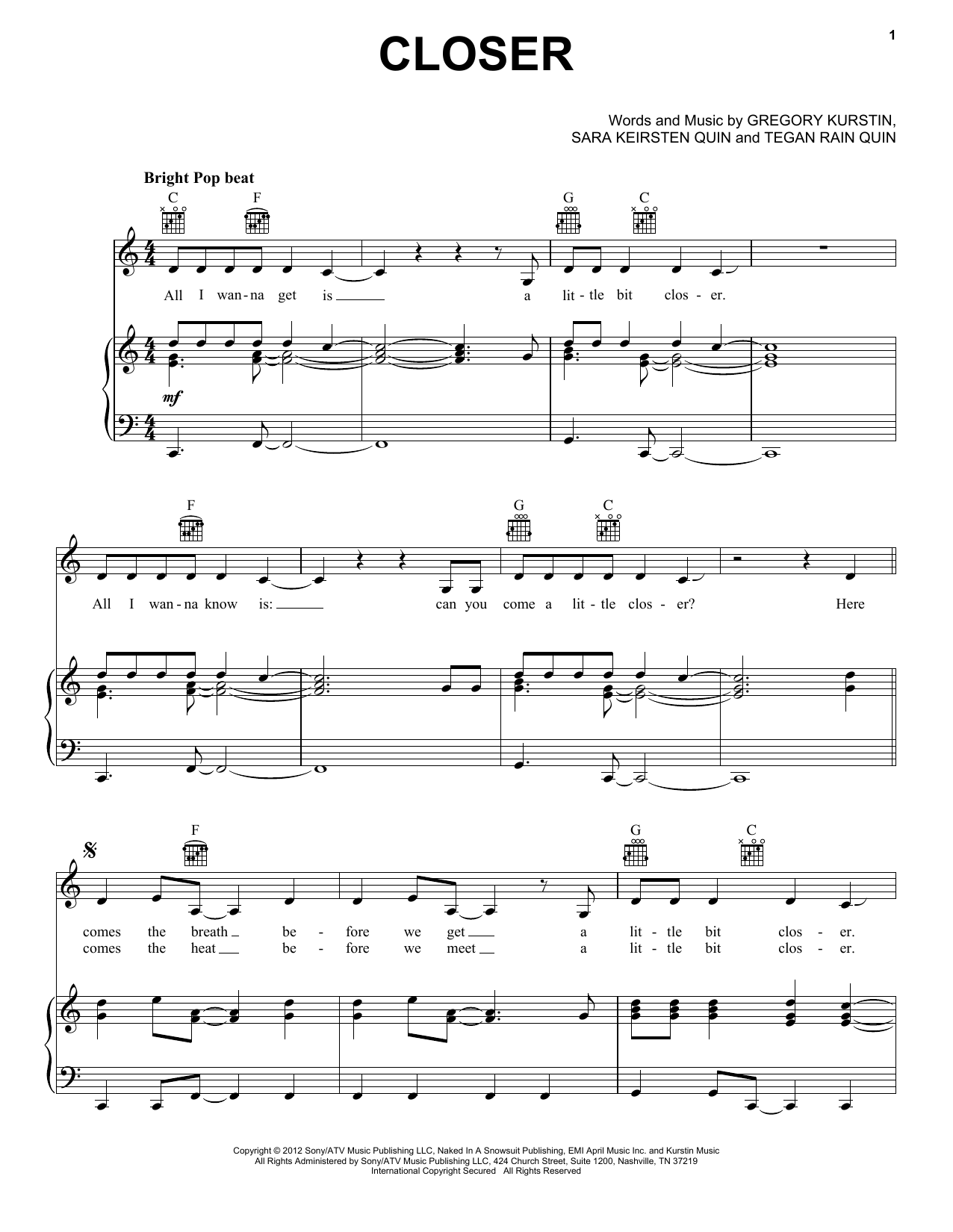 Tegan & Sara Closer sheet music notes and chords arranged for Piano, Vocal & Guitar Chords (Right-Hand Melody)